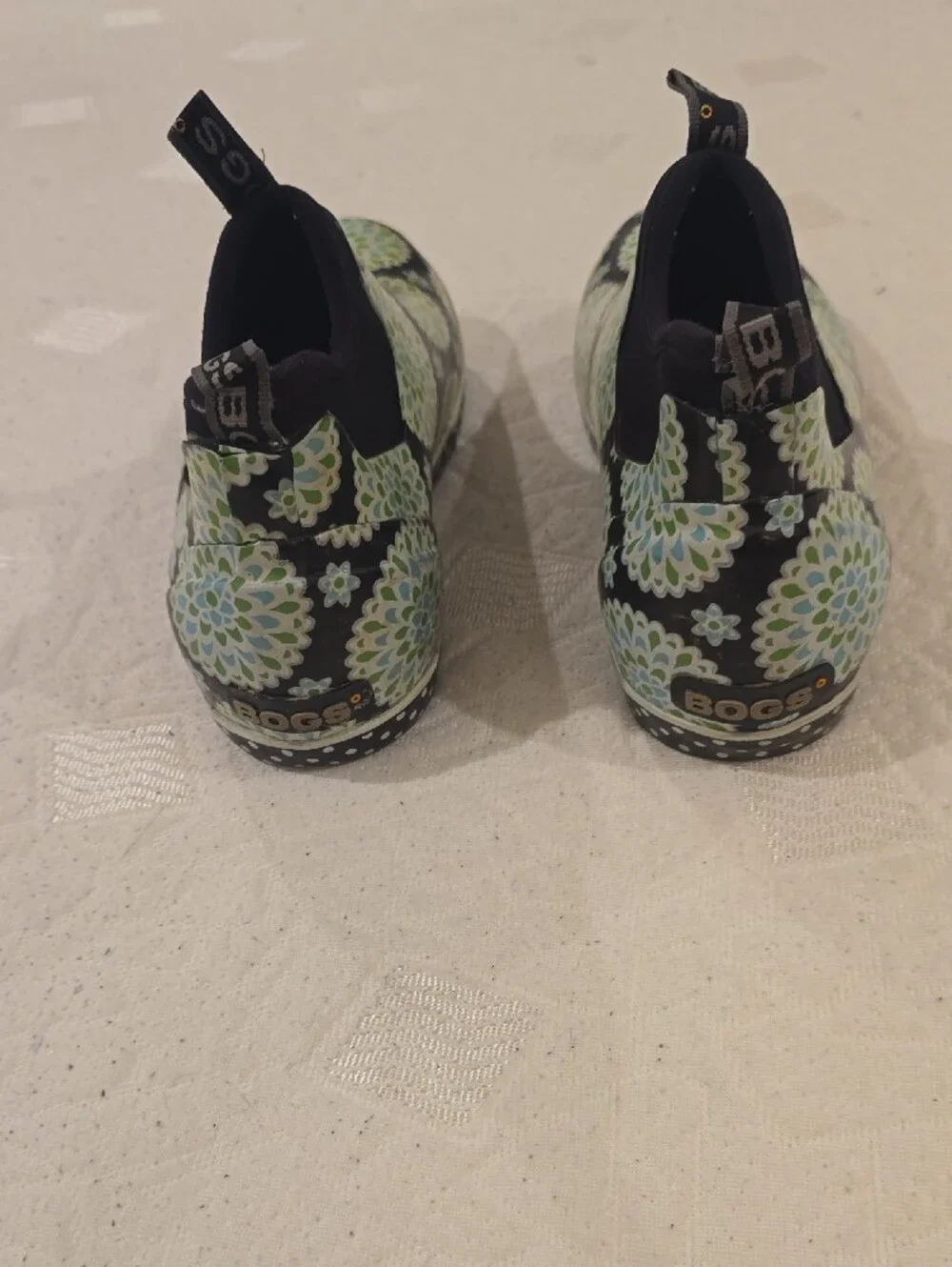 Bogs Kids Black Rain Boots with Green and Light Blue Floral Medallions Size 6